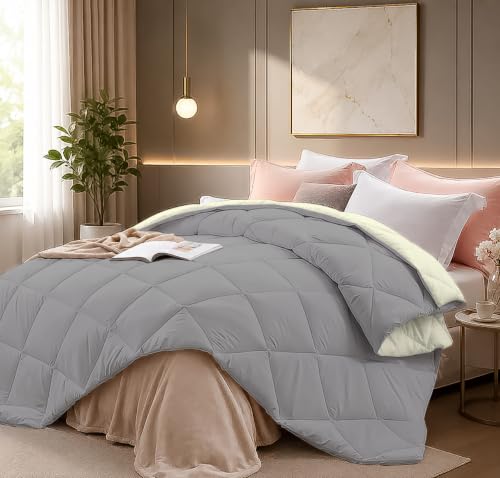 Image of Super Comfort Microfiber 300 GSM Reversible Winter Comforter for Single Bed Rajai /Blanket Diamond Stitch (60 inch x 90 inch Inches /152cm x 228cm) - Comforter Single Bed|Silver /Ivory