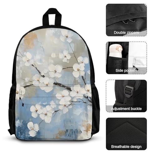 White Florals Backpack 3 Set with Lunch Bag Insulated Shoulder Meal Tote Bags Pencil Case Box Casual Daypack3