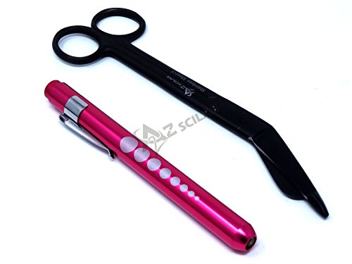 Heavy Duty Reusable Penlight + Tactical All Black Nurse Doctor Medical Lister Bandage Scissors Shears (A2ZSCILAB) (Pink + Black Bandage Scissors 7.25")