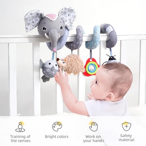 Image of Koty Car Seat Toys, Infant Baby Spiral Plush Activity Hanging Toy for Stroller Bar Pram Crib with Music Box BB Squeaker & Rattles(Grey Elephant)
