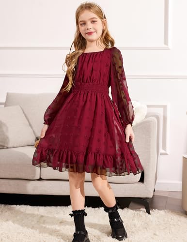 Arshiner Girls Dresses Long Sleeve Square Neck Swiss Dot Flowy Casual Party Dress4
