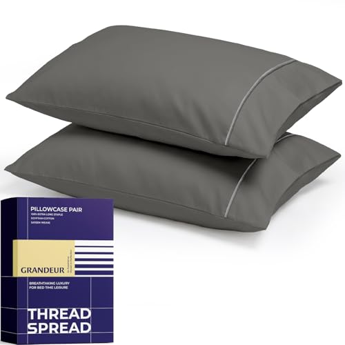 Image of THREAD SPREAD 100% Egyptian Cotton Pillow Cases Queen Size Set of 2 - Luxury 2000 Series Queen Pillow Cases (21 inch x 32 inch, Dark Grey), Soft Cooling Envelope Closure Hotel Like Egyptian Cotton Pillowcases