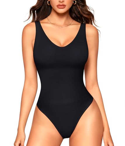 LODAY Shapewear Bodysuits for Women V Neck Tank Top Bodysuit Thong Body suits Slim FitLarge Black
