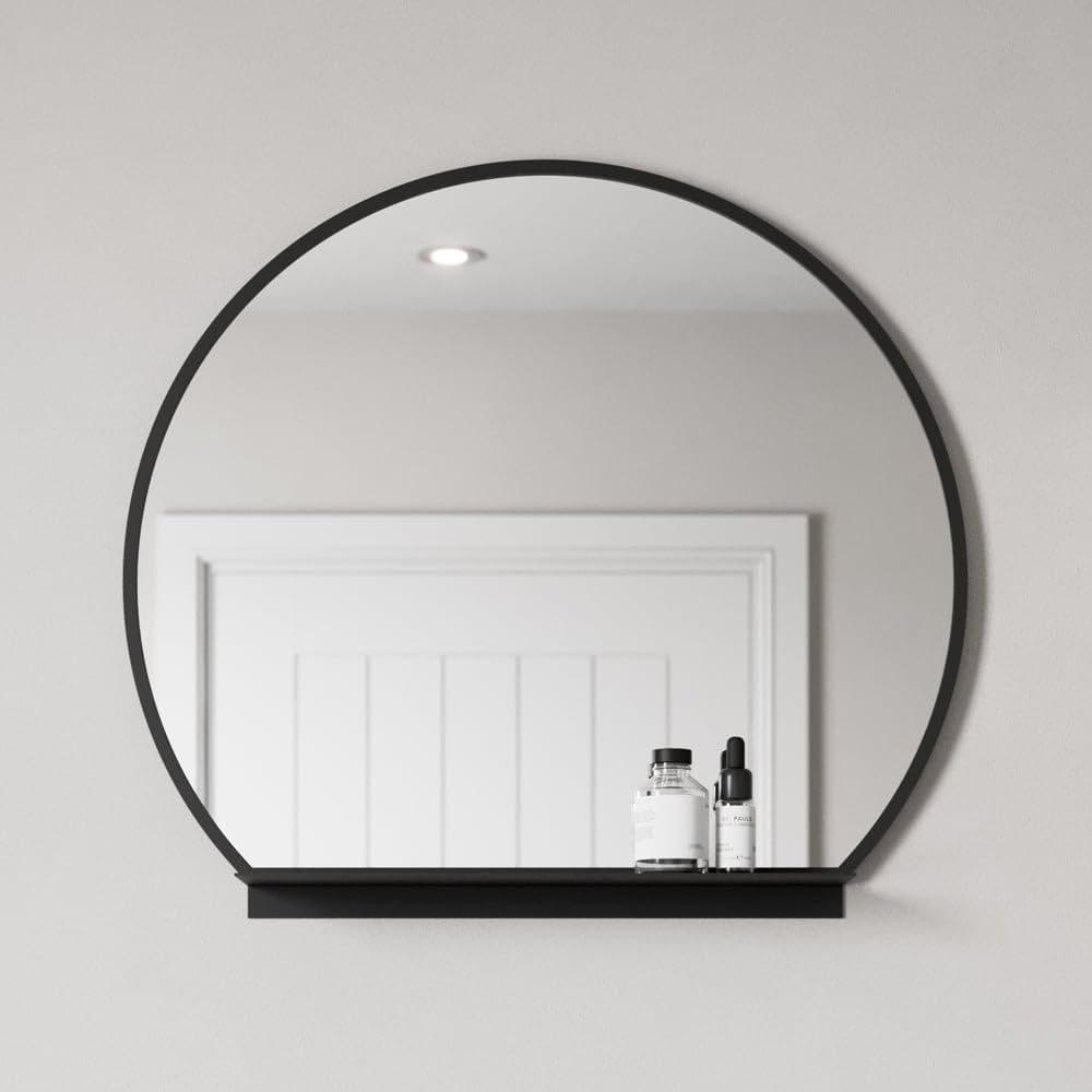 BAYSTONE 600mm Round Black Bathroom Mirror with Shelf Framed Vanity Mirrors Wall Mounted 4mm Mirrored Glass