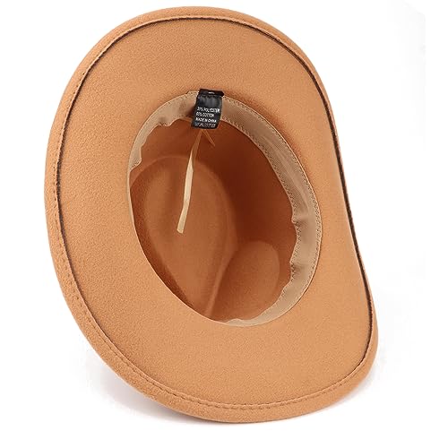 Image of DRESHOW Women Men Classic Felt Wide Brim Western Cowboy & Cowgirl Cap Belt Buckle Retro Panama Hat Unisex Rolled up Caps