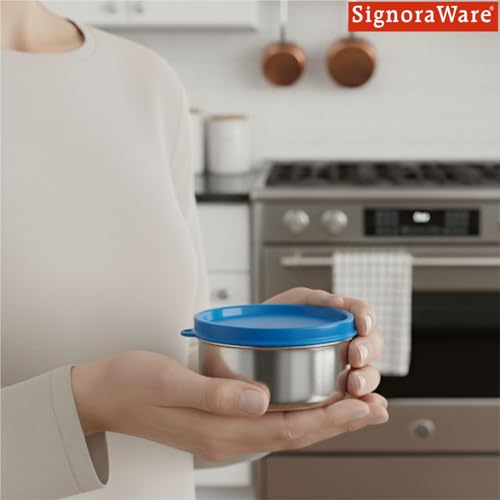 Image of SignoraWare Ample Stainless Steel Container | Airtight & Leakproof | Dishwasher Safe | Durable Storage Solution | Ideal for Kids, Office, School, Picnic & Outdoor Use (225ml | TBlue)