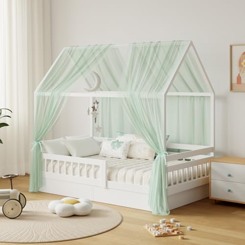 GFCC Ciel de Lit Cabane pour Maison Lot de 2 Pièces Décoration Voile Lit Cabane Vert pour Chambre d'enfant,Rideau Voilage 150x350cm pour Fille Garçon