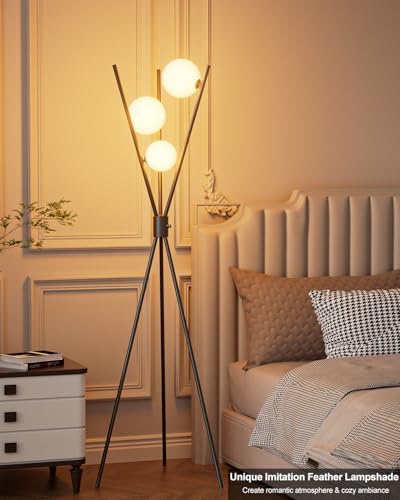 Image of 3 Globe Dimmable Tripod Floor Lamp, Mid Century Standing Lamps with 3Pcs 3000K Bulbs Included, Modern Tall Lamp for Living Room Bedroom Office-Black