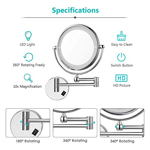 Miroir de maquillage grossissant 10X et rasage mural chrome