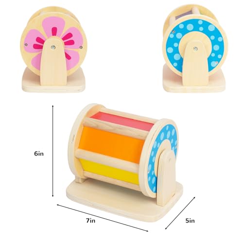 Montessori Spinning Drum Baby Toys, Wooden Tummy Time Mirror Play Kit and Rainbow Fabric Ball Kit Toys for 6-12 Months Toddlers