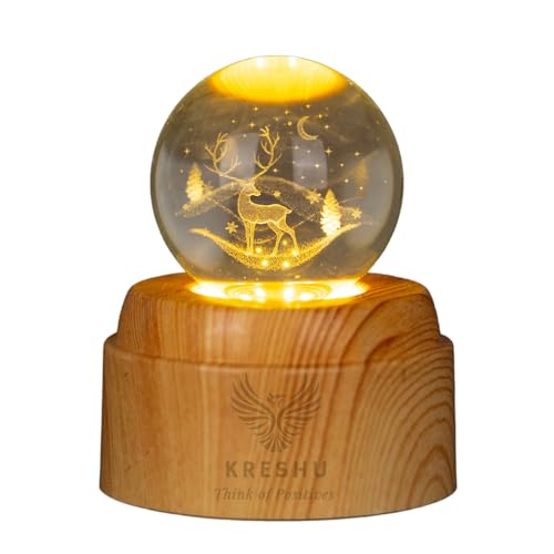 Image of KRESHU Deer 3D Crystal Rotating Glass Ball Dimmable Warm LED Light Wooden Stand Luminous USB Cable Decoration Night Lights for Art Home Decoration Birthday Gift (Pack of 1)