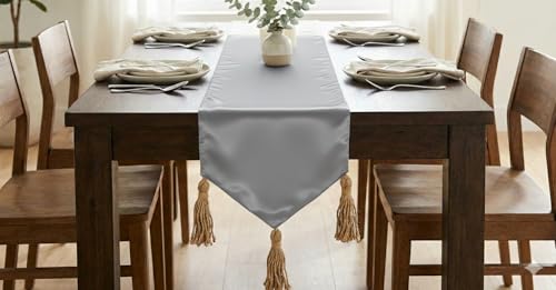 Image of E-EZRA Christmas Decor Silk Velvet Center Table Runner Coffee Table Long Ethnic Table Home Long Runner Traditional Dining Table Cloth Runner Up | 14 x 90 inches Grey