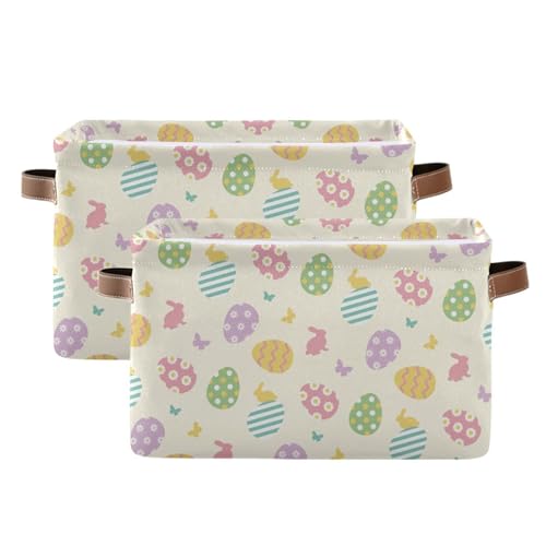 Image of Easter Eggs Cute Storage Basket with Waterproof Liner and PU Handles Happy Easter Day Bunny Rabbit Butterfly Storage Bins Boxes 14.2 inch Collapsible Decorative Organizer Baskets for Bedroom Closet 2 Pack