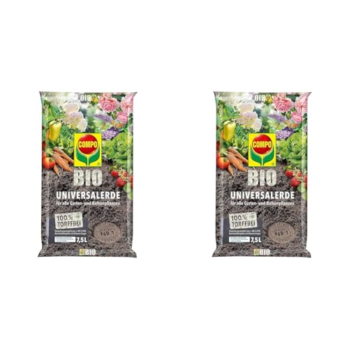 COMPO Bio Universal-Erde für Zimmerpflanzen, Ideal auch als Gemüseerde, für Obst und als Kräutererde, Torffrei, Kultursubstrat, 7,5 Liter, Braun (Packung mit 2)