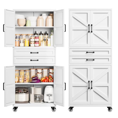 Image of White Metal Garage Storage Cabinet Rolling Kitchen Storage Pantry Cabinet