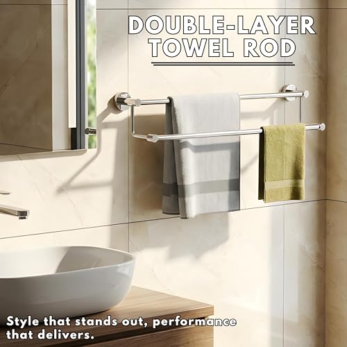 Image of GLOXY Premium Stainless Steel 24 Inch Towel Rod for Bathroom Combo Pack of 2 - Chrome Finished Wall Mount Bathroom Rod for Clothes - Bathroom Towel Rod for Bathroom Fittings Accessories Set
