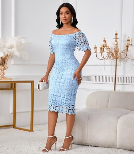 Image of Cololura Elegant Sexy Floral Lace Short Sleeve Off Shoulder Evening Gown Party Formal Bodycon Midi Dress