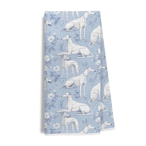 Image of Light Chinoiserie Greyhound Kitchen & Hand Towel, Whippet Dog Dish & Tea Towels,Blue Floral Dog Lover Gifts for Women, 16x24 Inch