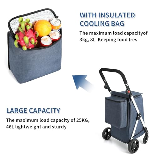 LEUYA ABC Einkaufstrolley, 4 Räder Aluminium Einkaufswagen, 46L Faltbarer Einkaufstrolley mit isolierter Kühltasche (Blau) – Bild 4
