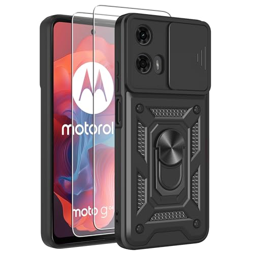 iCatchy Case for Motorola Moto E14 / G04 / G24 5G With 2 Screen Protector Camera Cover Shockproof Heavy-duty Military Rugged Ring Holder Kickstand for Motorola E14 / G04 / G24 Phone (Black)