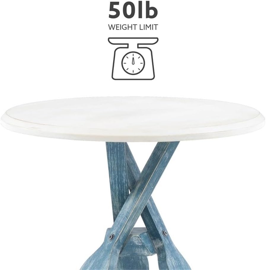 Pemberly Row Transitional Wood Side Table, 22 in Round Distressed Cream and Blue Finish, Beveled Top with Nautical Oar Base, Coastal Style for Living Room, Sunroom or Office