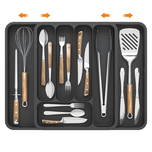 KeZaara Portaposate da Cassetto 45 cm, Espandibile Porta Posate Cucina Cassetto (36,2 × 47 × 5 cm), Con 7 Scomparti, Adatto Cucchiai, Forchette, Coltelli, Nero