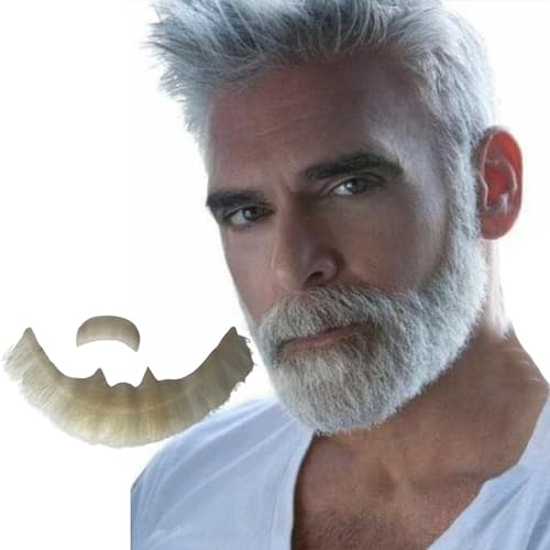 Volora Fake Beard Realistic 100% Human Hair Full Hand Tied Facial Hair Black Goatee False Beards Lace Invisible Fake FaceMustache(Style-2, White)