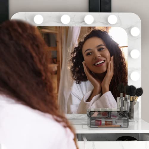 Neutype Makeup Vanity With Lights, Vanity Desk With Mirror And Lights, Vanity Mirror With Lights And Table Set, White Vanity Desk 2 Drawers Vanity Set With 12 Light Bulbs, Marble Pattern #TOP6