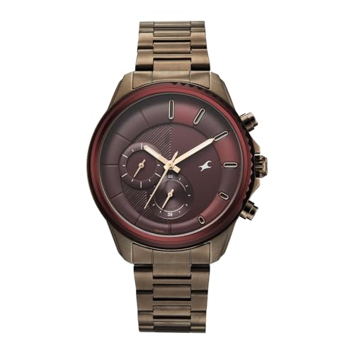 Image of Fastrack Wild Chameleons Back Inspired Bezel with Maroon Dial IP TCE Stainless Steel Strap Watch for Men - 3337KM02