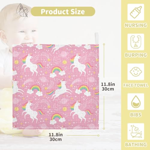 Image of vvfelixl White Unicorn Rainbow Star Baby Burp Cloths Baby Muslin Washcloths for Boys Girls Cotton Baby Face Towel for Newborn Infants Soft and Absorbent 11.8 X 11.8 in, 5 Pack