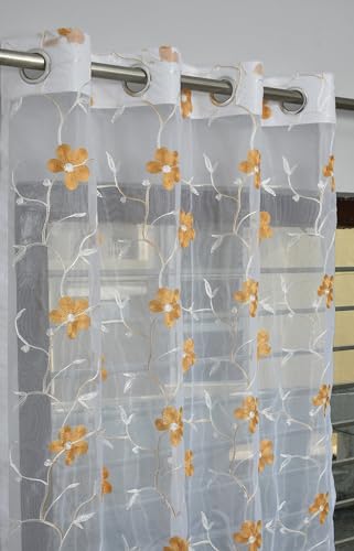 Image of Embroidered Floral Sheer Net Curtain for Window - 5x4 Feet - Transparent Golden Net Curtain - Pack of 1 - Elegant Lightweight Decor for Living Room & Bedroom