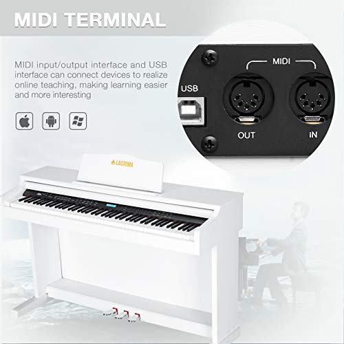 LAGRIMA White Digital Piano with Standard Key, 88 Key Electric Piano for Beginner(Adults/Kids) W/Music Stand+Power Adapter+3-Pedals+Instruction Book+Headphone Jack