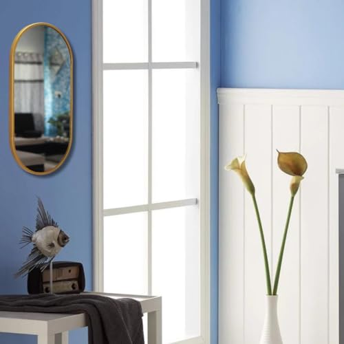 Image of Modern Elegance Capsule Shape Wall-Mounted Mirror Metal Framed Wall Mirror Bathroom Mirror Living Room Mirror Home Decor Mirror 18 x 36 Inches Golden MF 111