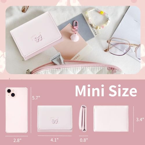 Image of Girls Wallet Cute Bow Coquette Small Kawaii for Women Aesthetic ID Window for Ladies (Pink White Bow)