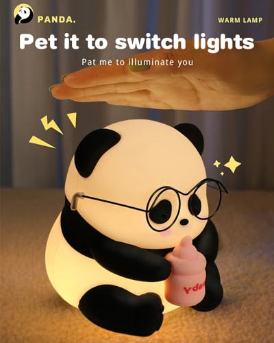 Image of CYMNIX Panda LED Night Light with Glasses and Bottle - Soft Silicone Animal Lamp, Rechargeable and Portable, Ideal for Nursery, Bedside for Kids, and Baby Showers, White