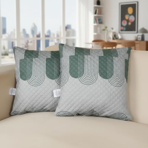 Image of STITCHNEST 'QuadraNest' Series Printed Quilted Velvet Cushion Cover 16x16 Inch Set of 2 | Premium Soft Fabric, Washable & Fade Resistant | Decorative Living Room Cushion Covers | Green & White Wave