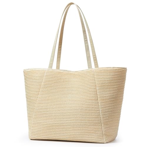 KALIDI Große Strohtasche Strandtasche mit Reißverschluss Marine...