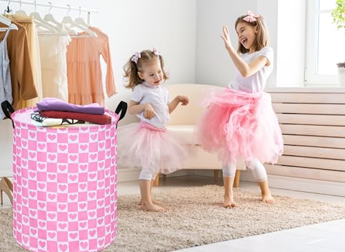 Image of 19.7 inch Round Kids Laundry Basket Gift Baskets Storage Laundry Hamper Toys Nursery Bin with Handles,Storage Basket for Childrens Room Bedroom Decor (Pink Heart)