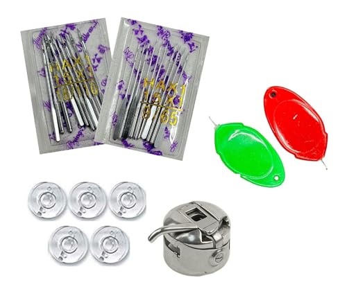 Image of ZENITH Sewing machine Needles HA Size (18 /110 & 9 /65) 10 pc Needles each , 5pc Plastic Bobbins ,1 Bobbin case & 2pc Needle Threader Combo Suitable for Home Sewing machines like Usha Janome, SINGER, BROTHER