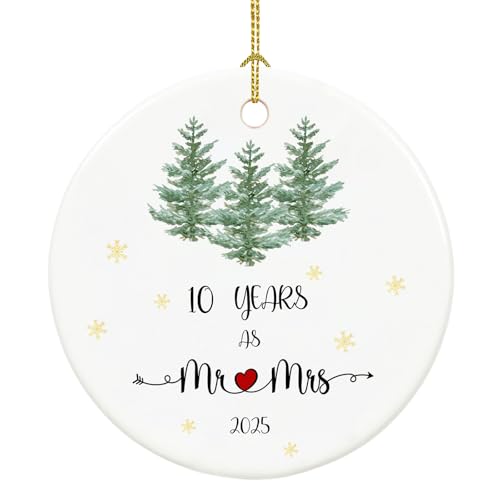 10th Tin Anniversary 2025, 10 Year Mr and Mrs Gifts for Couple, 10th Wedding Anniversary for Husband Wife, 2.9' Ceramic 10 Year Wedding Keepsake Christmas Decoration