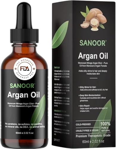 SANOOR Moroccan Argan Oil 100% Pure Cold-Pressed Single Ingredient Hair & Skin Oils Infused with Biotin