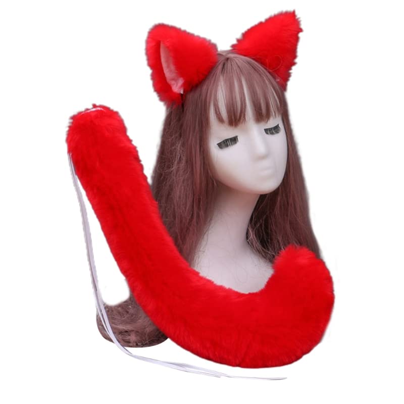 Furry Wof Fox Tail Anime Cosplay Set Faux Fur Wolf Ears Headband with Plush Animal Tail