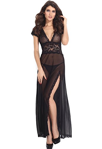 Amoretu Womens Sheer Lace V Neck Gown Dress Maxi Lingerie Set, Black,...