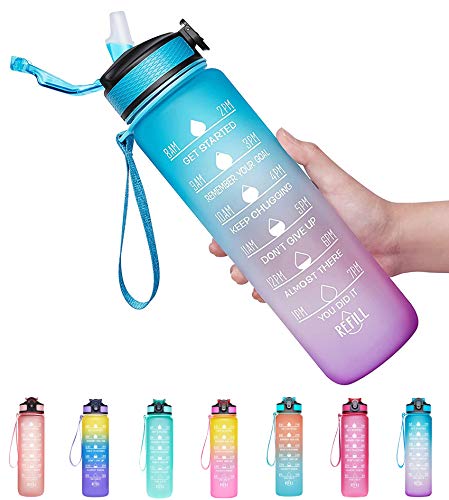 Venture Pal 32oz Motivational Fitness Sports Water Bottle with Time Marker & Straw, Large Wide Mouth Leakproof Durable BPA Free Non-Toxic-Ombre Green Purple