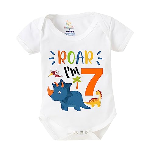 Image of baby wish Monthly Birthday Milestone Romper for Boy's and Boy's Dress Happy Birthday Bodysuit Half Sleeve Rompers for Sevan Months birthday Special Romper Roar Young