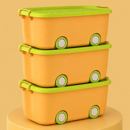 Image of JD FRESH 25 Litre Rolling Toy Storage Box /Colorful Car-Shaped Kids Toy Storage Organizer /Large Size Plastic Storage Box with Wheels & Handle /Stackable Storage Container Box (Pack of 3, Yellow)