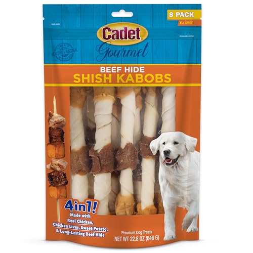 Cadet Gourmet Shish Kabob Dog Chews for Large Breeds Rawhide Treats for Dogs with Chicken and Sweet Potato Healthy & Natural Beef Hide 10-Inch Sticks 8 Count