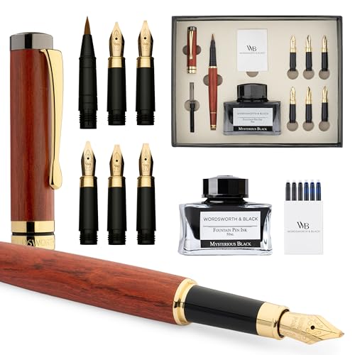 Wordsworth & Black Kalligraphie-Stiftset inklusive Tintenfass 6 Tintenpatronen Tintenkonverter 6 Ersatzfedern Luxus-Bambus Journaling Schreibfüller mit weichem Schreibgefühl [Rosenholz]