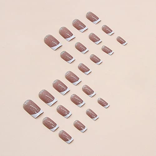 Square Fake Nails French Tip Press On Nails Medium Nude Glue On Nails Full Cover False Nails With White Glitter Designs French Nail Decorations For Women Girls 24Pcs #TOP3