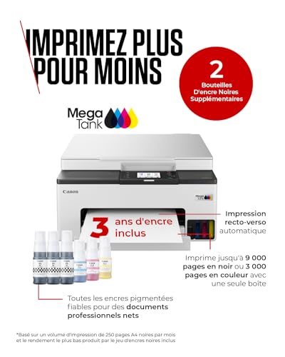 Canon MAXIFY GX1050 Imprimante A4 Couleur pour la Maison et Le Bureau | Imprimante, Copieur et Scanner Jet d'encre MegaTank Tout-en-Un | Wi-FI, Ethernet et USB | Comprend 6 Bouteilles d'encre